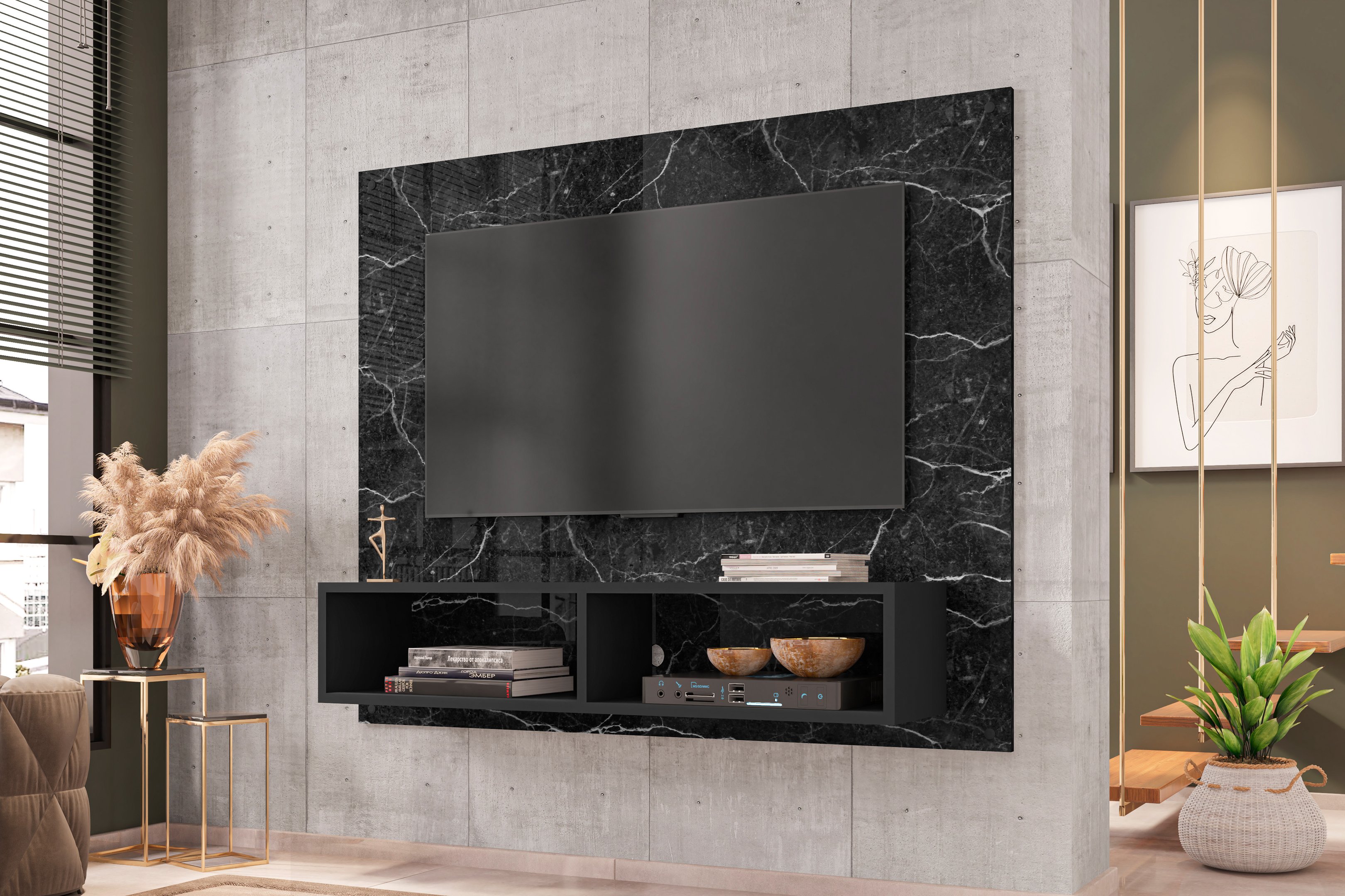 Painel para Tv até 43 Polegadas Viena Sala e Quarto Luxo Completo Moderno Rack Cor Preto - 2