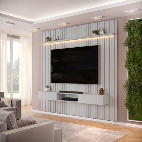 Painel Ripado para TV até 75 Polegadas com LED MDF 250cmx240cm Trento Cinza Bali