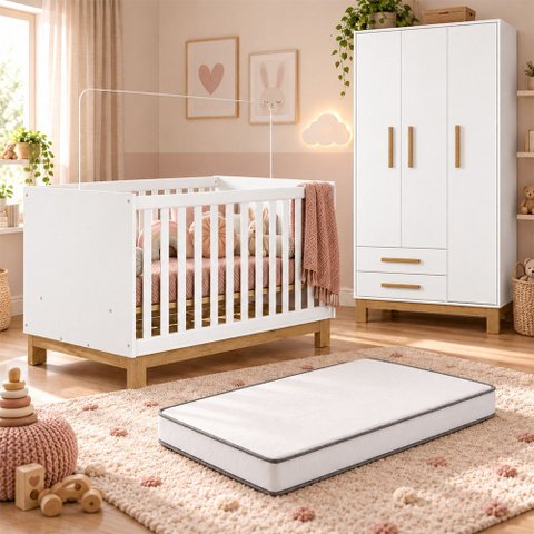Kit Quarto de Bebê Q Encanto Slim com Berço Mini Cama Guarda Roupa 3 Portas e Colchão D18 130x70 Mov