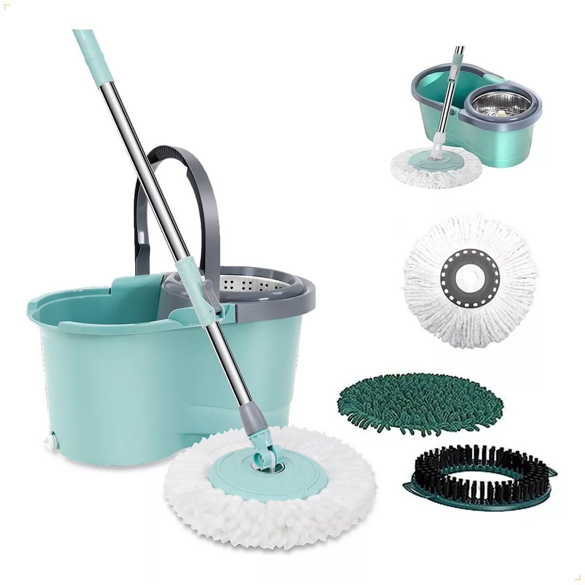 Balde Mop Giratório Esfregão C/ Alça Cesto Inox Limpeza Verde Claro