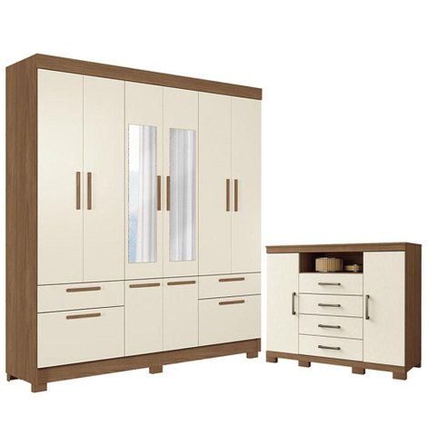 Guarda Roupa Casal 8 Portas Curitiba com Espelho e Cômoda Havana Master com Pés Jatobá Areia Acetina