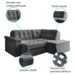 Sofá de Canto Retrátil Grécia 5 Lugares em Suede - 4
