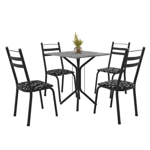 Conjunto Sala de Jantar Mesa Thais com 4 Cadeiras 0,70m Granito Ocre Preto Floral Artefamol