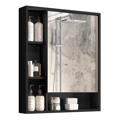 Armário de Banheiro com Espelheira 1 Porta Olimpia Espelho - Preto