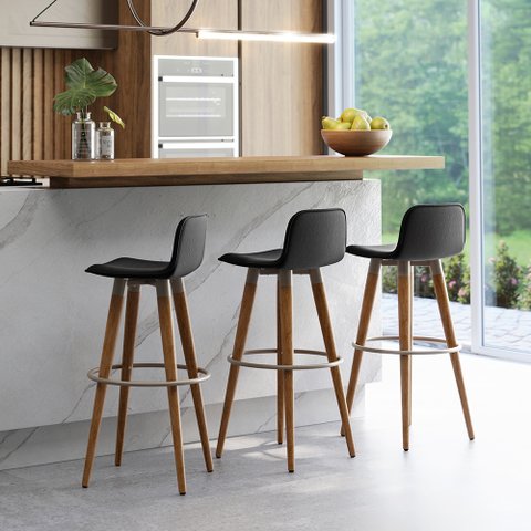 Kit 3 Banquetas Altas Luxo Versatil Aço Champanhe Linho Preto Base Carvalho