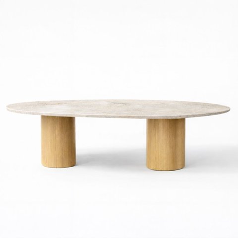 Mesa de Jantar Astrid Orgânica Cilíndrica 180x100 Cm Tampo Mármore Paraná Gold Base Carvalho