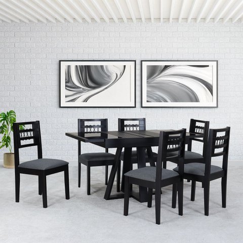 Conjunto Sala de Jantar Mesa Extensível 105/148 Tampo Vidro 06 Cadeiras Assento Estofado Ébano Preto