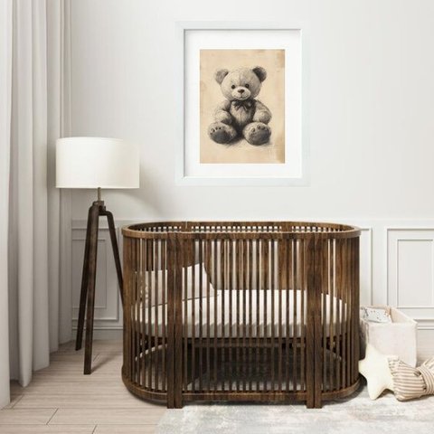 Quadro Quarto Bebê Urso Retrô Bege- 60x48cm:moldura Branca