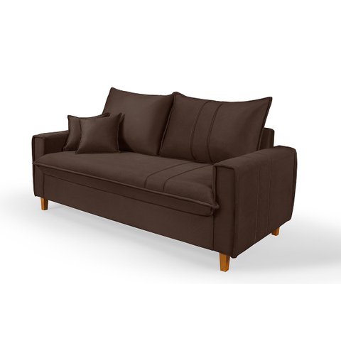 Sofa Living com Bau Multiuso 3 Lugares Suede Pes em Madeira: Marrom