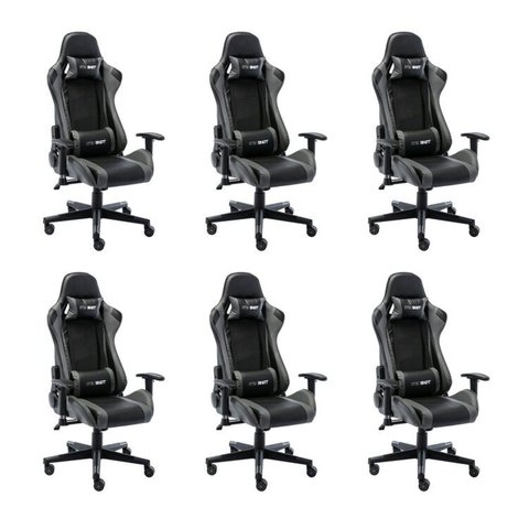 Kit 6 Cadeiras Gamer Giratória em Couro One Shot Preto/Cinza