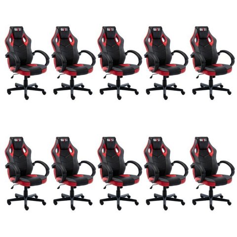 Kit 10 Cadeiras Gamer Giratória Regulavel Quest Preto/Vermelho