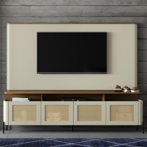 Rack com Painel 220cm Porta Sextava e Pés em Metal 100% Mdf Cor:louro e Luna com Preto