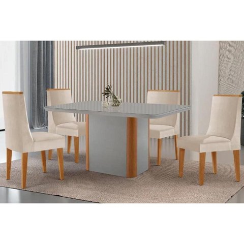 Sala Jantar Mesa Pietá Tampo c/ Vidro Curvo 120cm+4 Cadeiras Dakota Madeira Naturale/Off White -