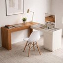 Ver imagem 1 de Conjunto Escritório 2 Peças Escrivaninha Penteadeira Star e Cadeira Eames Base de Madeira Yescasa Marrom/Freijó/Off White/Branco