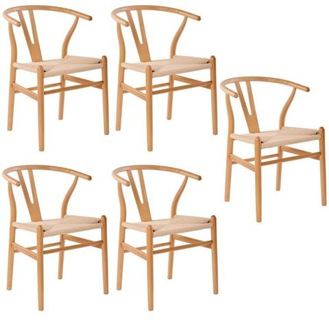 Kit com 5 Cadeiras para Sala de Jantar Wishbone Madeira Maciça Marrom/Clara