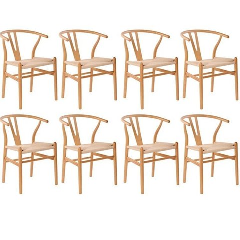 Kit com 8 Cadeiras para Sala de Jantar Wishbone Madeira Maciça Marrom/Clara