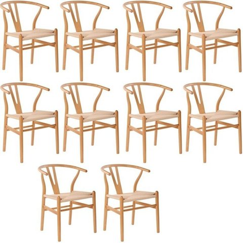 Kit com 10 Cadeiras para Sala de Jantar Wishbone Madeira Maciça Marrom/Clara