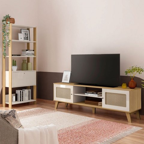 Sala de Estar Completa para TV Até 75 Polegadas Charlotte 3 Portas 4 Prateleiras Carvalho/Off White 