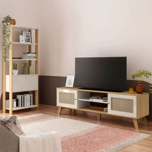 Sala de Estar Completa para TV Até 75 Polegadas Charlotte 3 Portas 4 Prateleiras Carvalho/Off White