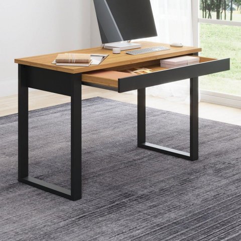 Mesa Escrivaninha 100% Mdf Industrial Concept 1 Gaveta Freijó/preto Fosco - Panorama Móveis