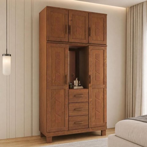 Guarda Roupa Solteiro Lorie F06 5 Portas Bater 3 Gavetas Madeira Maciça Castanho Lyam Decor