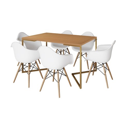 Mesa Jantar Industrial Canela 137x90cm Base V Dourada com 6 Poltronas Eames Eiffel Daw Madeira Branc