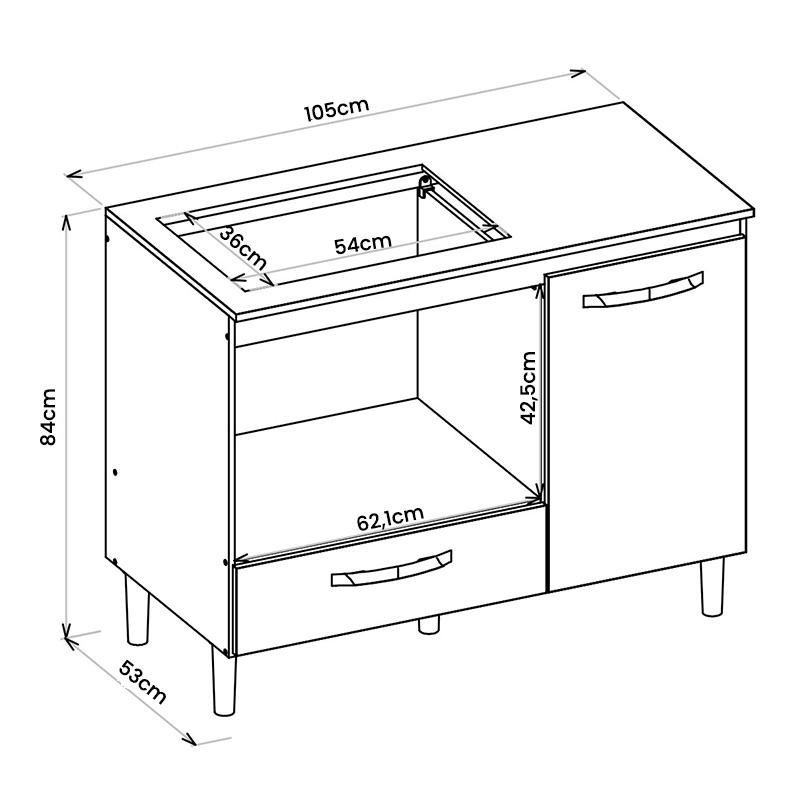 Balcão Cozinha para Cooktop 105cm com 1 Porta e 1 Gaveta Freijo/chumbo - 4