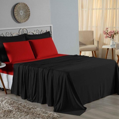 Jogo de Cama Casal Viúva Nobre 4 Peças Malha 100% Algodão - Preto / Vermelho