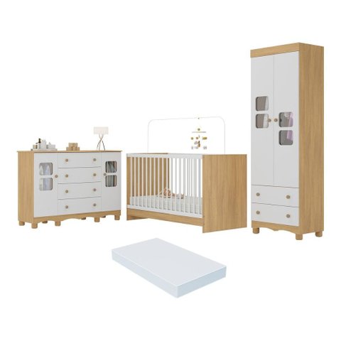 Quarto de Bebê Completo com Berço 3 em 1 com Colchão Incluso Luna Multimóveis Mp4548 Madeirado/