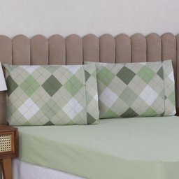 Jogo de Cama Queen 3p Lençol + Fronha Esmeralda Percal 100% Algodão:xadrez Verde - 3