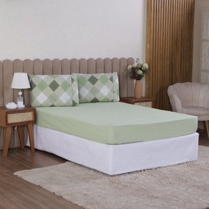 Jogo de Cama Queen 3p Lençol + Fronha Esmeralda Percal 100% Algodão:xadrez Verde