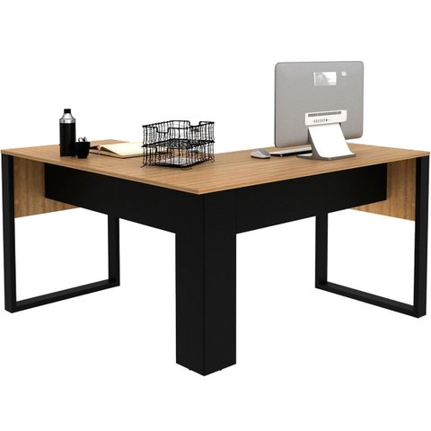 Mesa de Canto para Escritório em L Mdp Amêndoa/preto