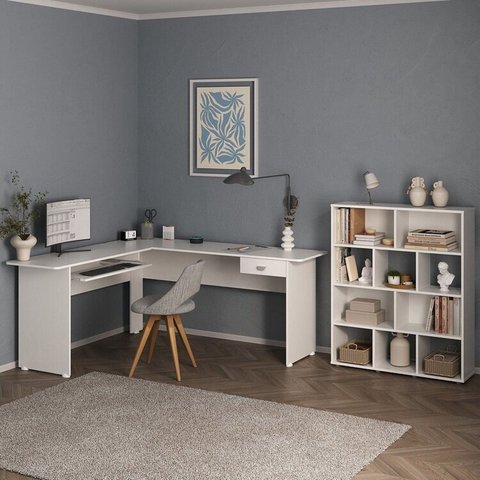 Conjunto 2 Peças com Escrivaninha em L com Uma Gaveta e Estante 10 Nichos Branco
