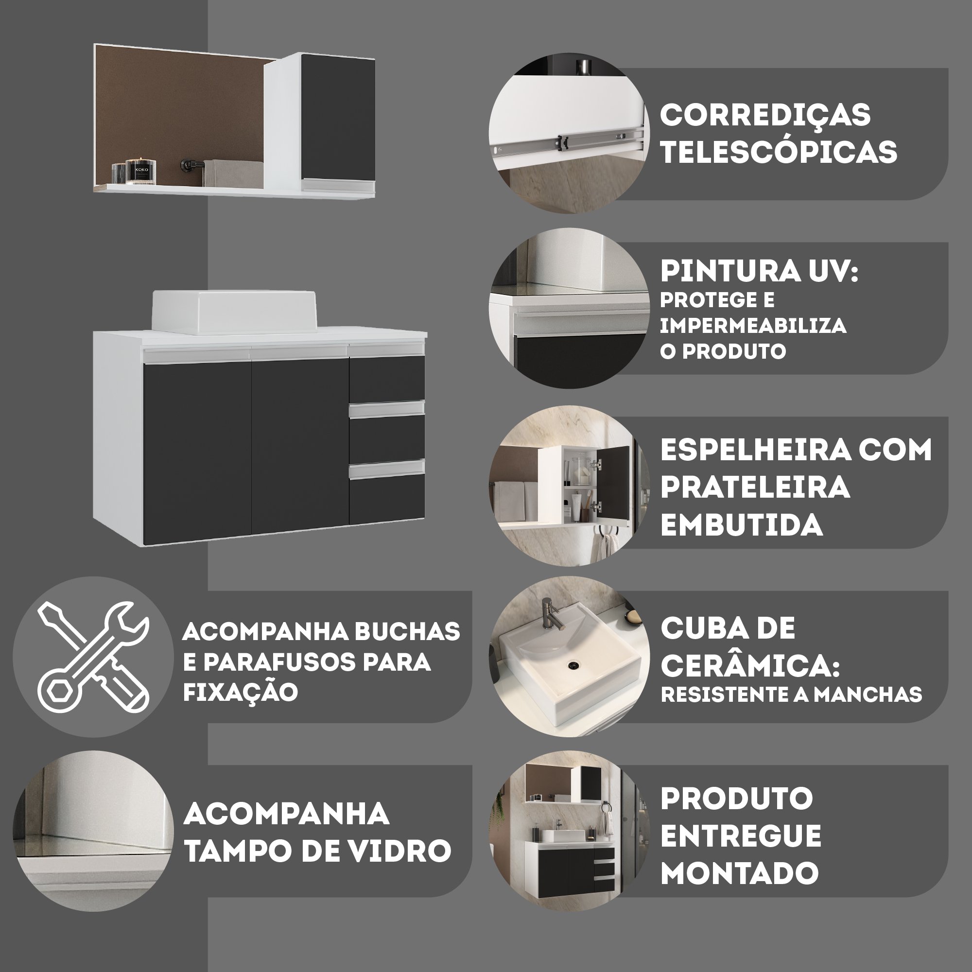 Conjunto Gabinete Banheiro Completo Prisma 80cm Branco / Preto com Tampo de Vidro - 7