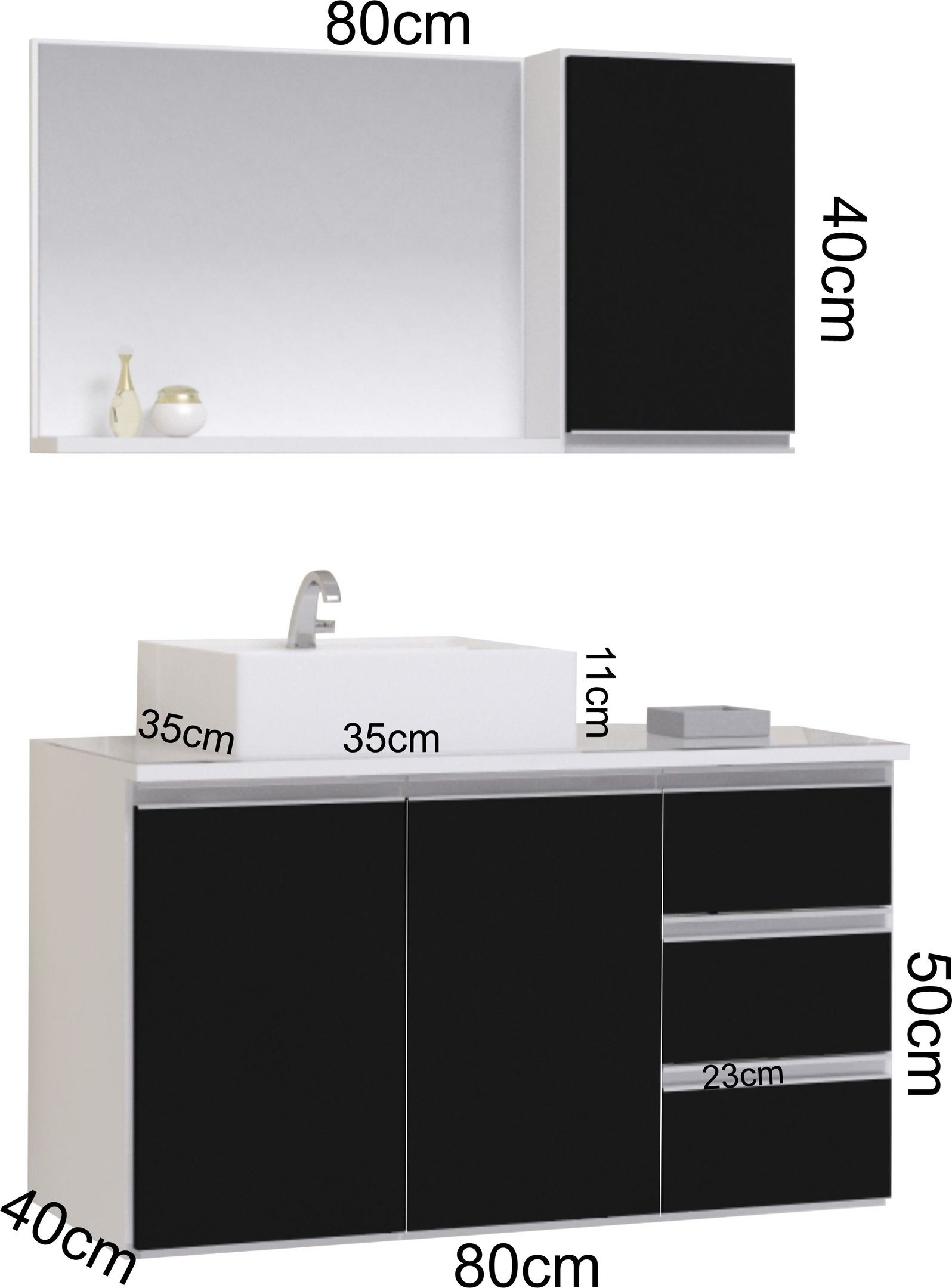 Conjunto Gabinete Banheiro Completo Prisma 80cm Branco / Preto COM TAMPO DE VIDRO - 3