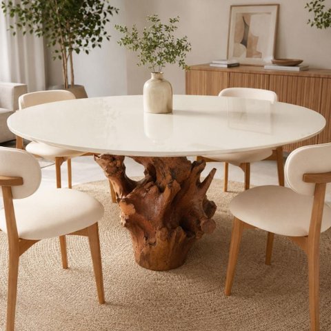 Mesa Jantar Redonda 135cm Base de Raiz Natural com Tampo Vidro Cor:Off White e Raiz Natural
