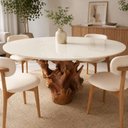 Ver imagem 1 de Mesa Jantar Redonda 135cm Base de Raiz Natural com Tampo Vidro Cor:Off White e Raiz Natural