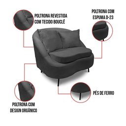 Poltrona Decorativa Orgânica Pé Ferro Pto Kit 2 Zaya Bouclê C05 - D'Rossi Cor Grafite - 5 Poltrona Decorativa Orgânica Pé Ferro Pto Kit 2 Zaya Bouclê C05 - D'Rossi Cor Grafite - 5