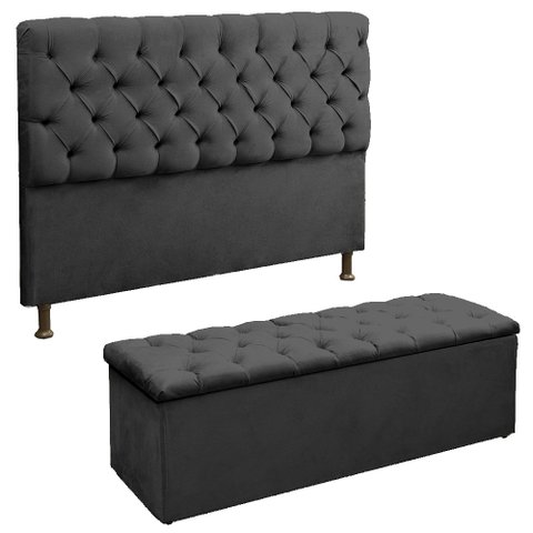 Cabeceira e Recamier Baú Lana para Cama Box Casal King 195 Cm - Suede - Sv Decor:cinza Escuro