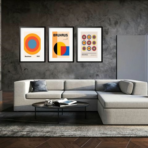 Kit 3 Quadros Grandes Bauhaus Ausstellung 1923 Collection 60x48cm:moldura Preta