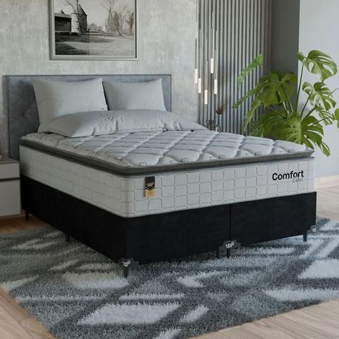 Cama Box Queen + Colchão Comfort Class Pillow Top 158x198cm Branco/suede Preto