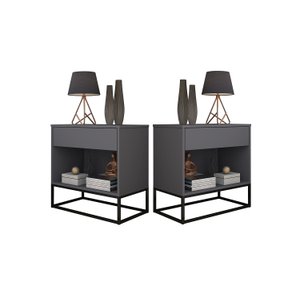 Kit 2 Mesas de Cabeceira Industrial Gaveta e Nicho Cinza Base de Ferro Preto