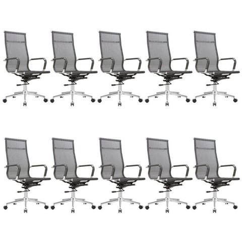 Kit 10 Cadeiras Escritório Presidente Giratória Aço Cromado Sidney Cinza