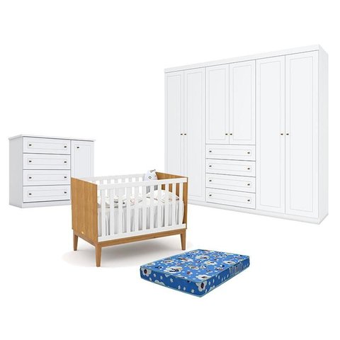 Quarto de Bebê Americano 6 Portas Com berço Americano Unique Freijó Branco Soft Eco Wood - Matic - H