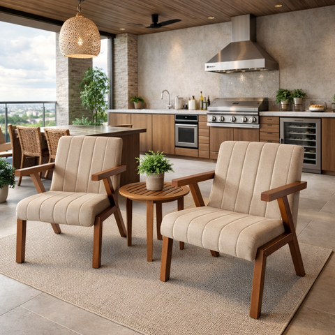 Conjunto 2 Poltronas Serena Linho Premium para Sala de Estar Recepção Sala de Espera Madeira:bege
