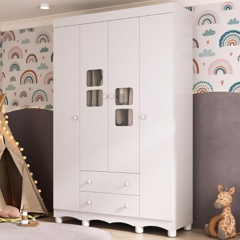 Guarda-roupa Infantil 122cm com Vidro 4 Portas e 2 Gavetas Luna Multimóveis Mp4413 Branco