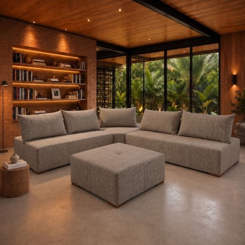 Sofá de Canto Modulado com Puff e Base Madeira Maciça 320CMX270CM Lisboa