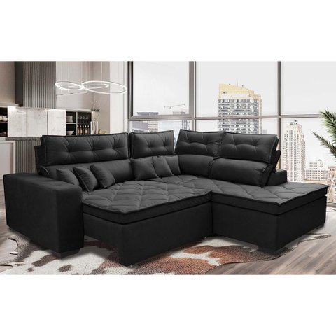 Sofá de Canto 2.60x2.36m Retrátil e Reclinável com Molas Cama inBox Platinum Direito Suede Preto