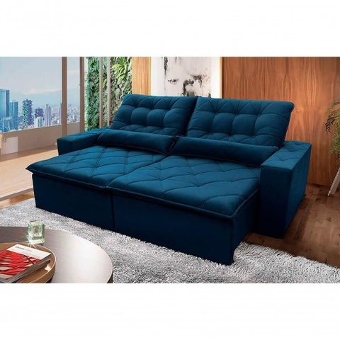 Sofá Retrátil Reclinável Islândia 2,10m Suede Velut Azul Marinho Molas no Assento - King House