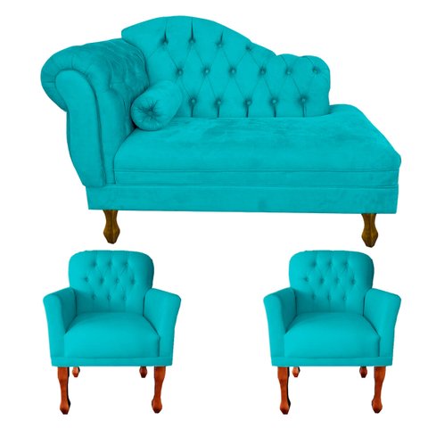 Jogo Divã 120cm Modelo Imperial + 2 Poltronas Stephany Suede:azul Turquesa